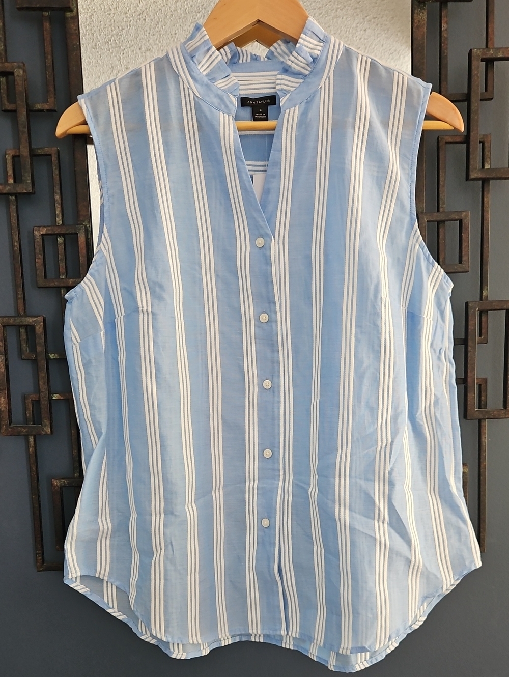 New With Tag Ann Taylor Size M sleeveless Blouse Cotton Blue And White Stripe
